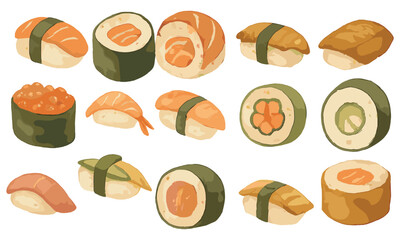 Watercolor Japanese Sushi Clipart Set