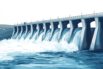 Water Splashes at Modern Dam Structure with Flowing River Scene