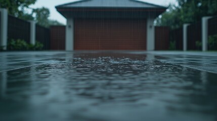 A wet driveway with rain falling in front of a modern garage on a gloomy day.