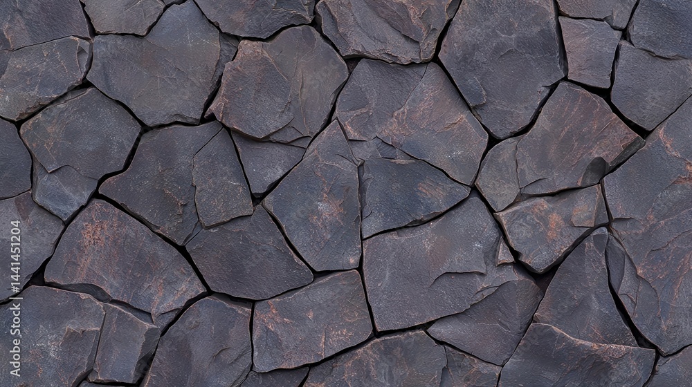 Poster a close-up view of dark, irregularly shaped stone tiles arranged in a natural, interlocking pattern.