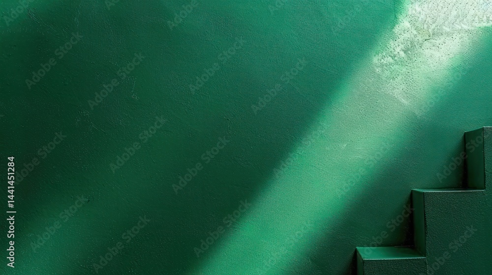 Poster minimalist green staircase with textured wall illuminated by a diagonal beam of natural light creati