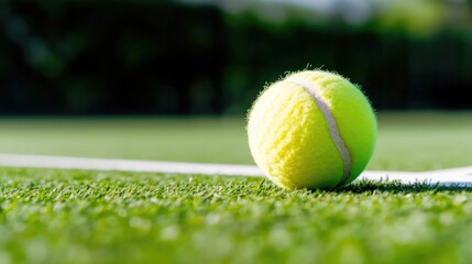 Tennis Ball on Court Grass, bright natural lighting, close-up shallow depth, vibrant green hues, game preparation concept, sunny outdoor background, yellow green tones, perfect for sports ads.