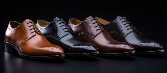 Men's leather dress shoes; brown, black, tan; studio shot; dark background; formal wear