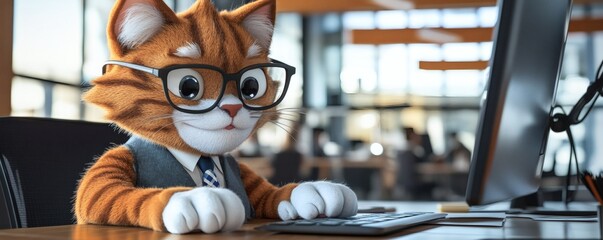 A friendly feline executive working at a computer.