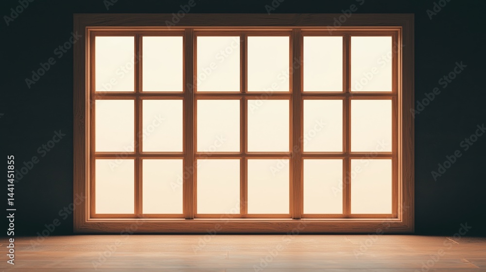 Poster a large wooden-framed window with multiple panes lets soft light into a dark, empty room.