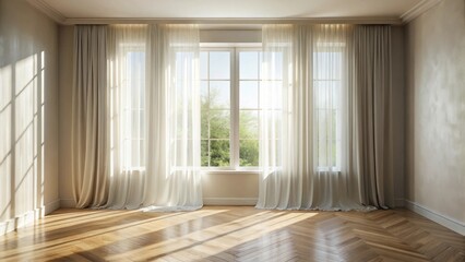 Sunlight streams through sheer curtains and drapes in a room with hardwood floors