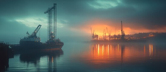 Obraz premium Misty Harbor Sunrise Industrial Port