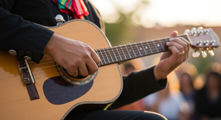 Close up of musician playing acoustic guitar for performance or concert event stage