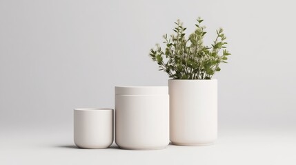 Ceramic Containers Small Plant Minimalist Style Bright Soft Lighting Centered Close-up Arrangement Simple Shapes Display Neutral Background Calm Serene Mood Home Decor Branding