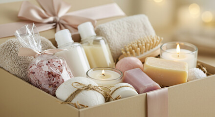 Spa gift basket with candles soap and bath salts for relaxation and pampering set