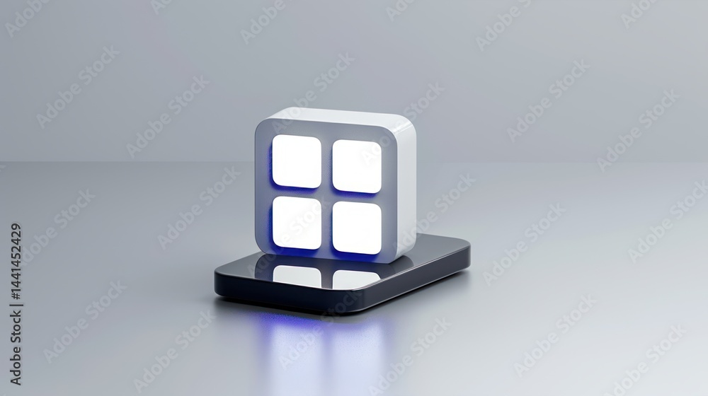 Poster glossy black rectangular platform with a white rounded square icon featuring four illuminated square