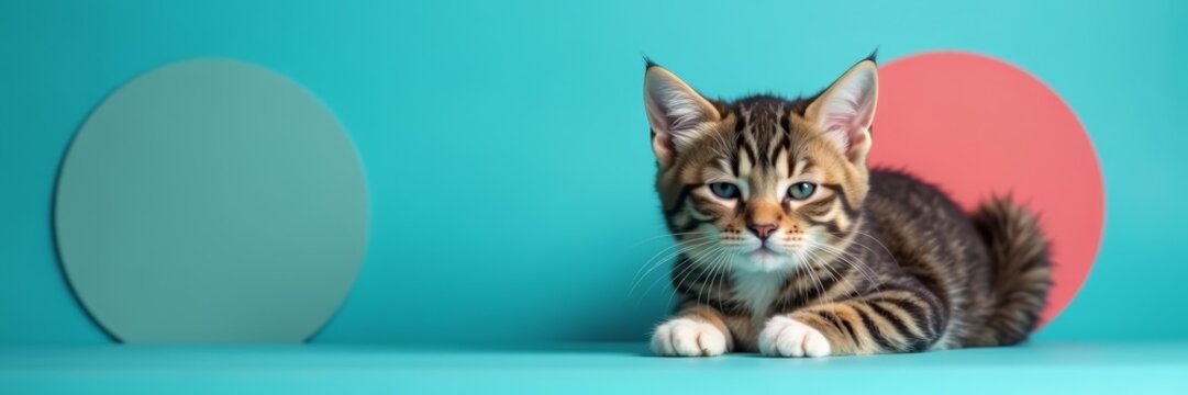 Cute cat in trendy round shades looking relaxed on vibrant blue background, pets, shades, stylish