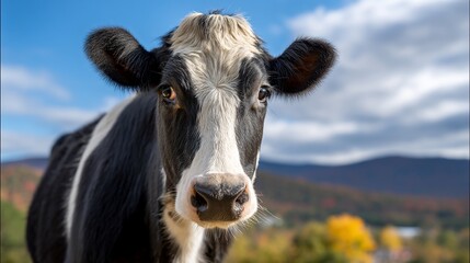 Black and white cow portrait in autumnal landscape, ideal for farm, agriculture, and nature themes