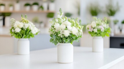 Three white vases filled with fresh green and white flowers arranged on a clean white table, soft focus background, and elegant floral composition.