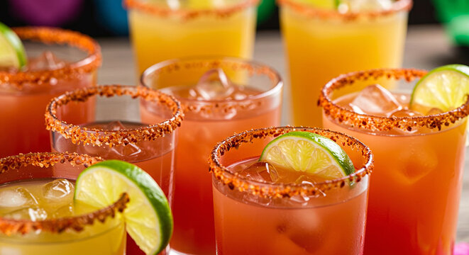 Refreshing michelada cocktails with lime and chili salt rim perfect for summer party - Powered by Adobe