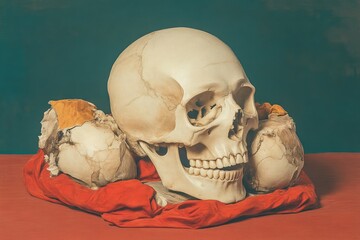 Still life of a human skull and smaller skulls on a red cloth