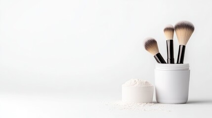 Makeup brushes and powder in a white container