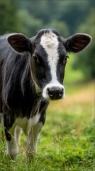 Black and white calf in a grassy field, looking directly at the camera. Possible use nature photography, farm animals, livestock, education, children's books