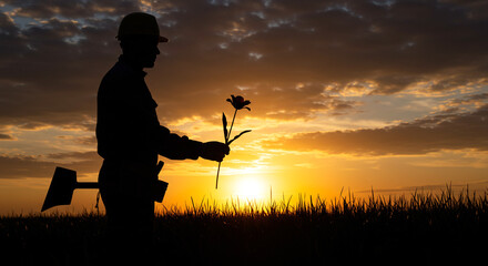 Obraz premium Silhouette worker sunset holding flower romantic labor love construction worker gift