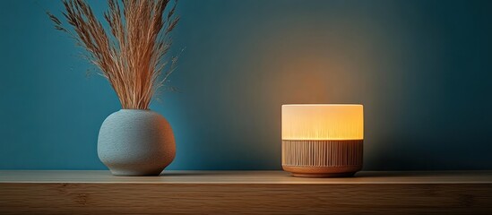 Modern lamp and vase on wooden shelf