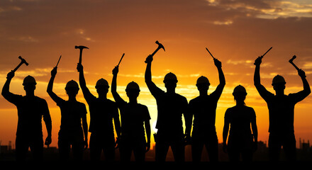 Construction workers silhouettes with tools at sunset building industry teamwork