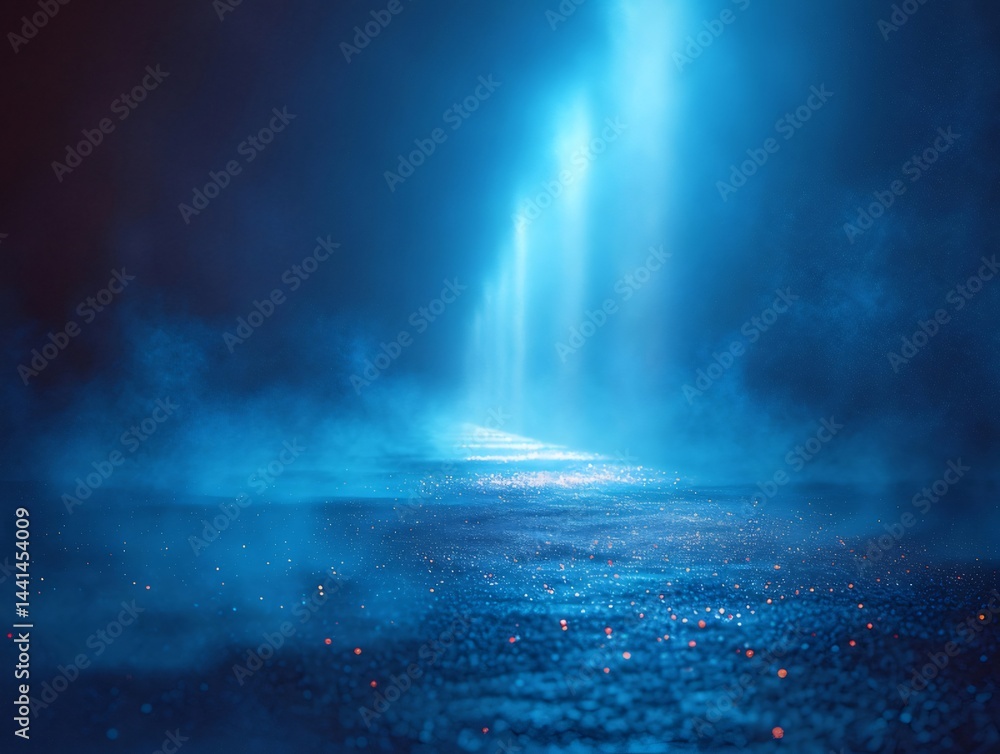 Poster 青い光の幻想的なシーン 暗闇の中で輝く照明と蒸気が美しい抽象的な背景