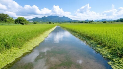 Rice Paddy Irrigation Canal Lush Green Fields Vibrant Natural Style High-Definition Sunlight Landscape Wide Shot Verdant Growth Tranquil Scene Rolling Hills Vivid Greens Agricultural Promotion