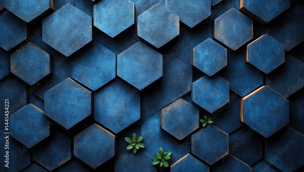 Poster abstract geometric pattern of deep blue hexagons.