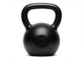 Close up of a black kettlebell weight on a white background for strength training