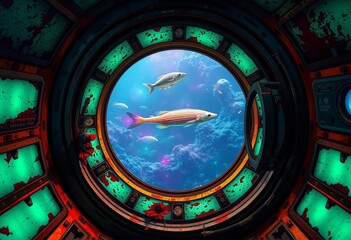 Obraz premium Cyberpunk submarine interior; rusty metal, glowing panels, bioluminescent marine life visible through porthole, control, panel