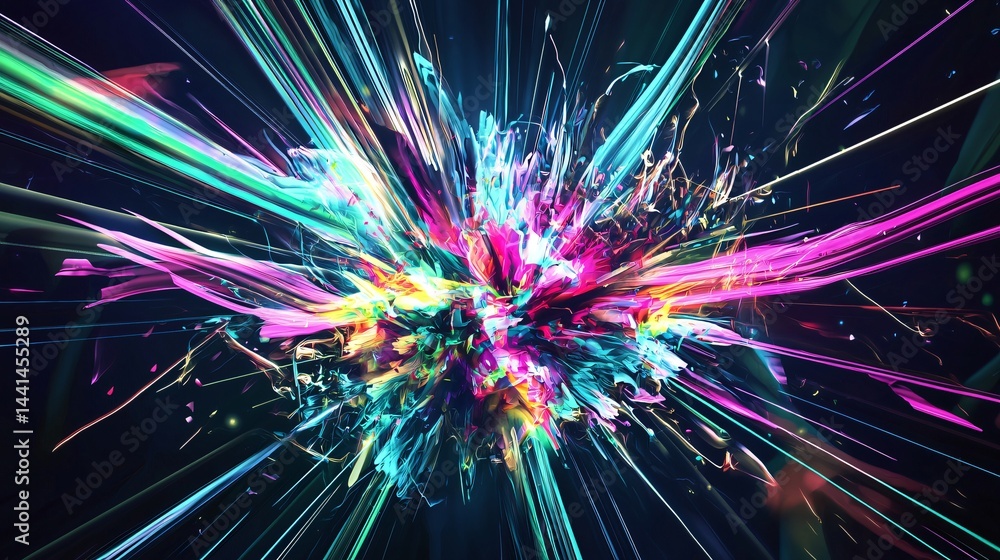 Poster high-energy colorful explosion of light creating a dynamic abstract icon with vibrant hues and energ