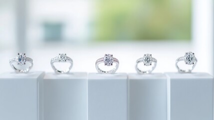Five elegant diamond engagement rings displayed on white pedestals in a row, soft focus background with natural light, and luxury jewelry concept.
