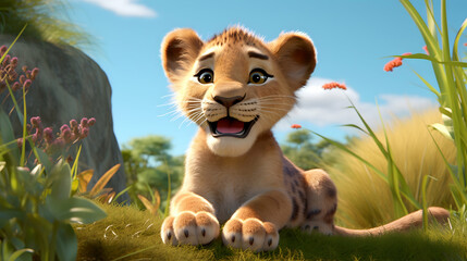 Naklejka premium Playful Baby Lion Cub in Sunny African Savannah