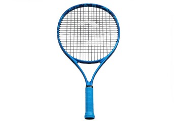 Blue tennis racket with black strings on a white background