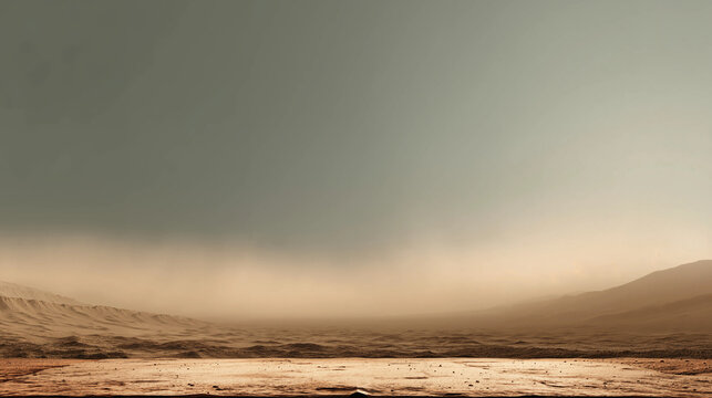 A vast Martian landscape with distant hills and a subtle dust storm, showcasing the barren, rugged terrain under a soft, muted sky.