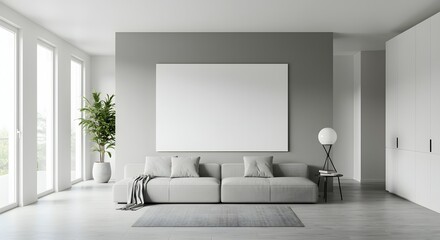 Modern Minimalist Living Room Interior Design Gray Walls, Large Canvas Mockup, Comfortable Sofa, and Natural Light