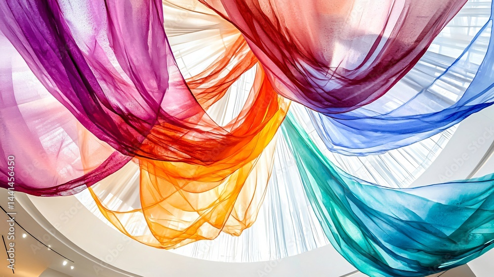Poster colorful scarf hanging elegantly from the ceiling creating a playful atmosphere with its bright patt