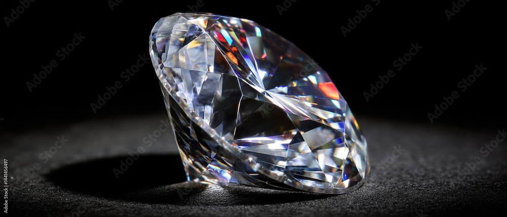 Poster sparkling diamond on a dark surface showcasing its facets and brilliance against a black background 