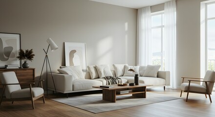 Fototapeta premium Modern Minimalist Living Room Design Neutral Tones, Natural Light, and Comfortable Furniture