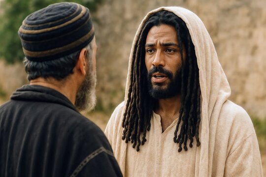 Jesus Christ wearing a white tunic and a cloak over his head speaking face to face with a Pharisee