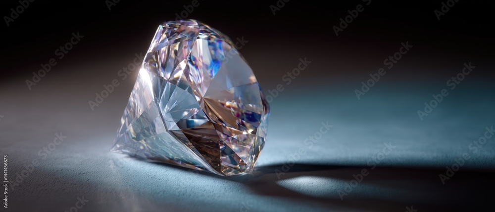 Poster sparkling diamond gemstone on a smooth surface capturing light and shadow with a dark backdrop for l