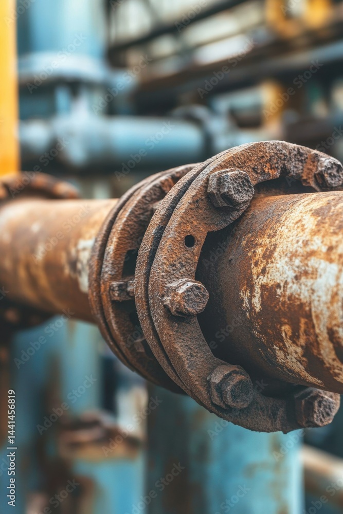 Poster close up of an industrial pipe with rusty flange and bolts showing wear and tear in a factory settin