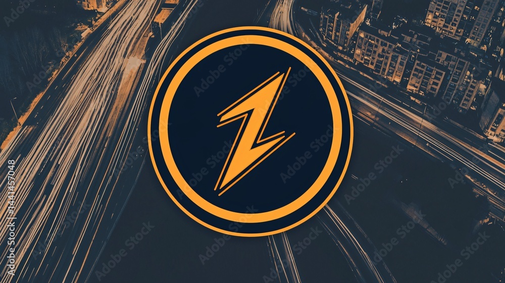 Aufkleber urban cityscape with a striking lightning bolt in the center portraying energy and motion through bo