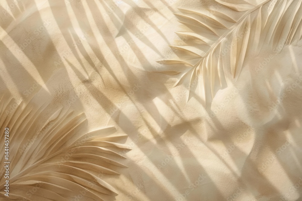 Poster soft beige textured surface with carved abstract palm leaves and dynamic light shadows creating a ca