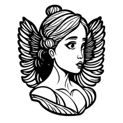 Elegant winged woman portrait in monochrome line art for artistic projects