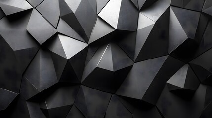 Obraz premium Abstract black background with geometric shapes and gradient, transitioning from dark gray to charcoal for a design template. Dark gray background with a low-poly texture, featuring a polygonal patter