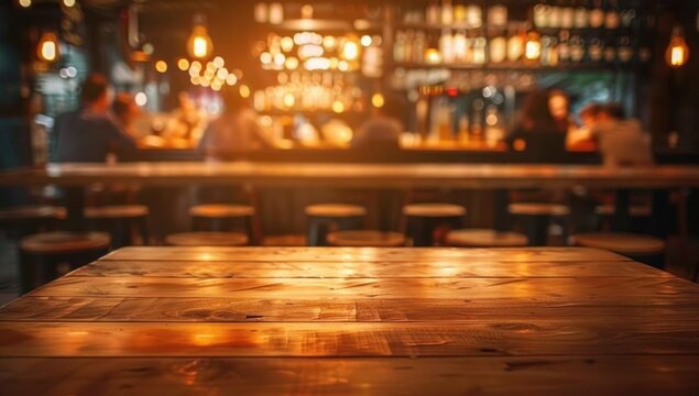 Warmly lit wooden table in a cozy bar with blurred stools and patrons in the background creating a relaxed and inviting atmosphere