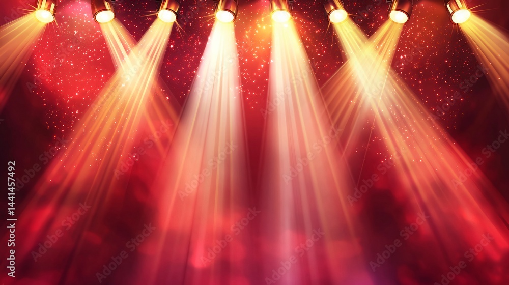 Poster spotlights shining with red and yellow lights on stage creating a dynamic and energetic atmosphere f