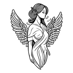 Monochrome depiction of an ethereal winged being with serene countenance
