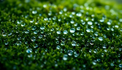 Lush Green Moss Adorned with Sparkling Water Droplets